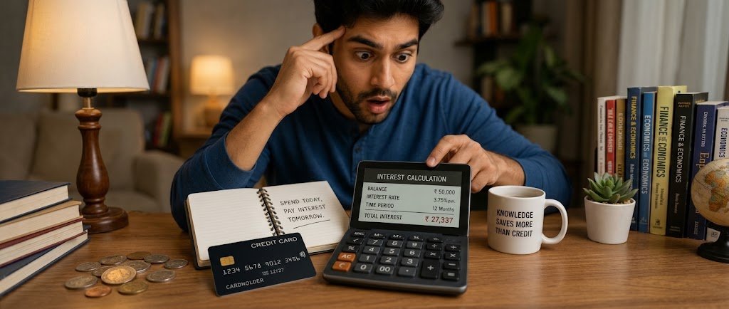Person reviewing a balance transfer credit card offer alongside a calculator and old card statement