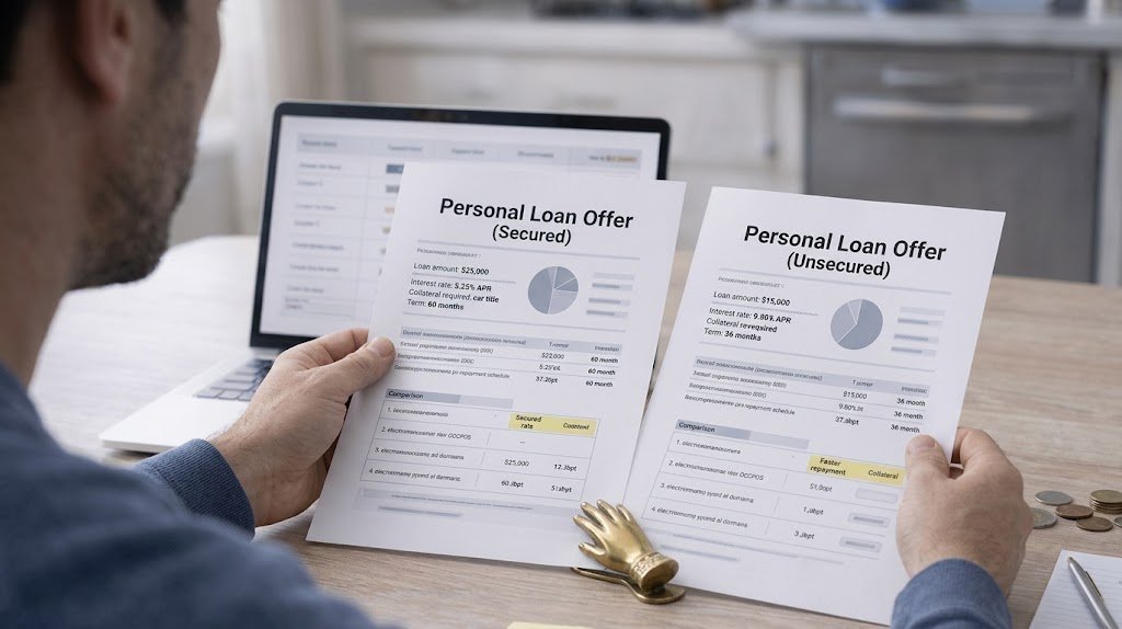 Person comparing secured and unsecured personal loan offers with collateral documents