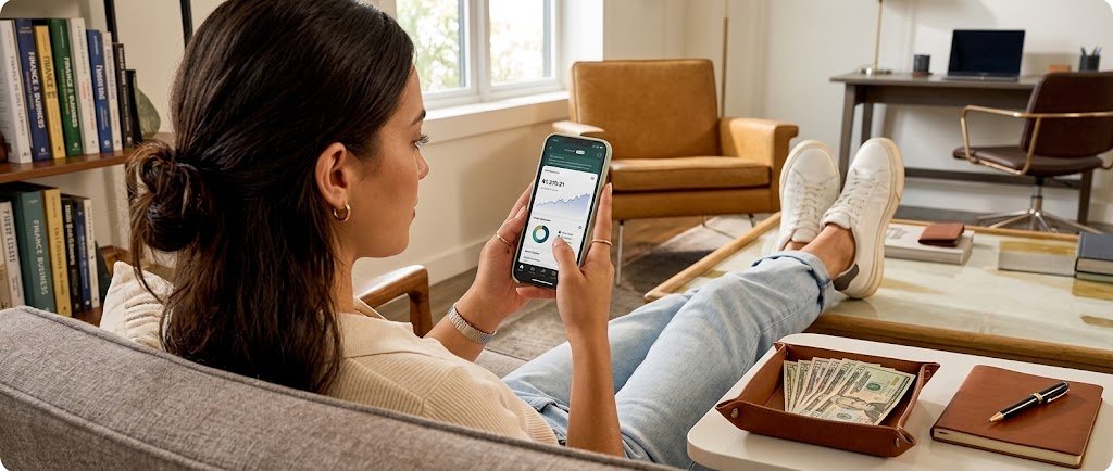 Beginner investor using a phone app to start investing $50 a month