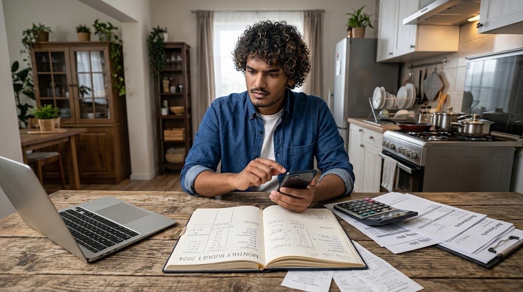 Person scrolling a phone while reviewing social media spending in a budget notebook