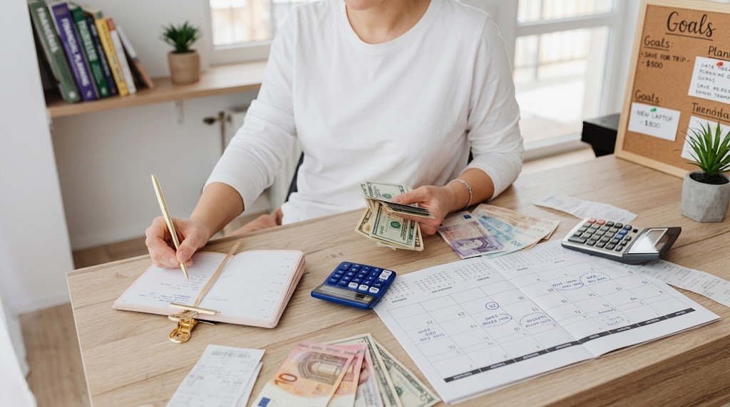 Person planning savings in a notebook as part of the 6-month rule for a big purchase