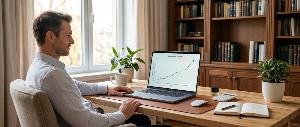 Investor reviewing a simple 2-fund chart while practicing lazy portfolio investing
