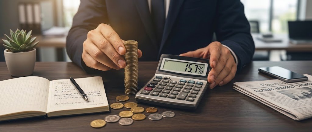 Person comparing spending options with coins and a calculator to illustrate opportunity cost