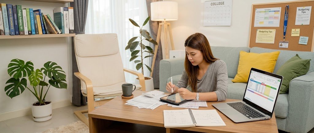 College student reviewing a monthly budget on a laptop and notebook