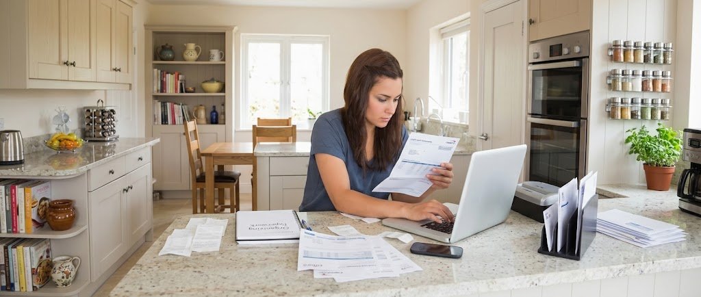 Person reviewing credit card statements and estate paperwork to understand debt after death