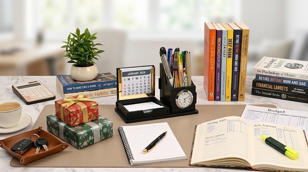 Budget planner on a desk with holiday gifts and car keys, showing how to plan for irregular expenses