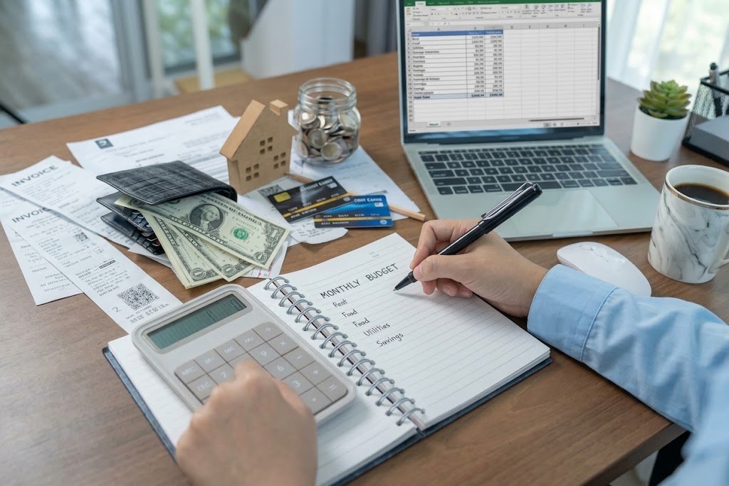 Person reviewing a loan repayment plan with a notebook and calculator at a kitchen table