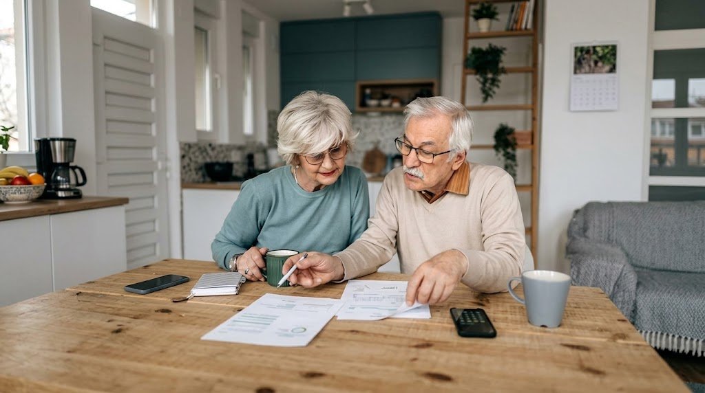 Couple reviewing annuities explained in retirement paperwork at a kitchen table