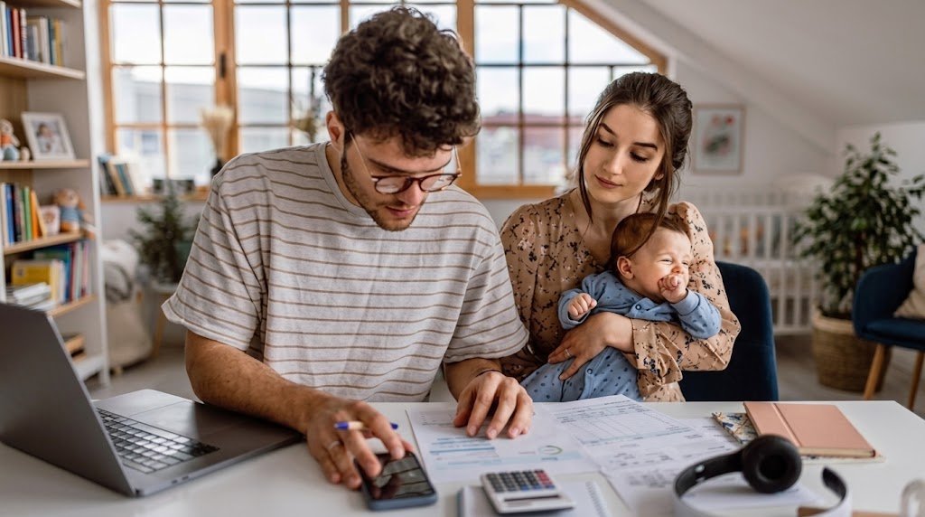 Expecting couple planning baby costs with a monthly budget at their kitchen table