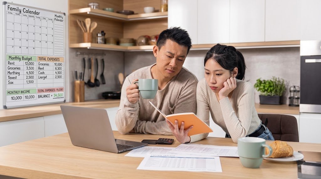 Family reviewing a monthly budget together to build a financial safety net on a single income