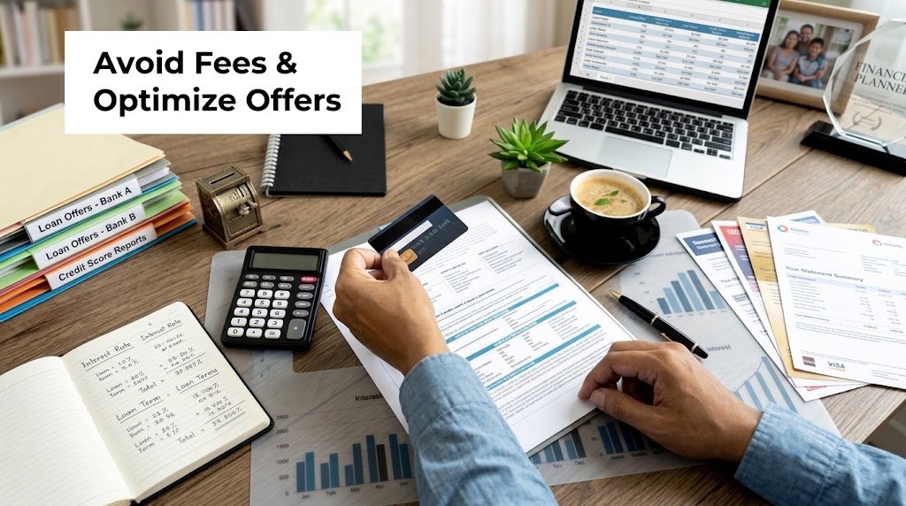 Person comparing credit card debt consolidation options with a calculator and statements