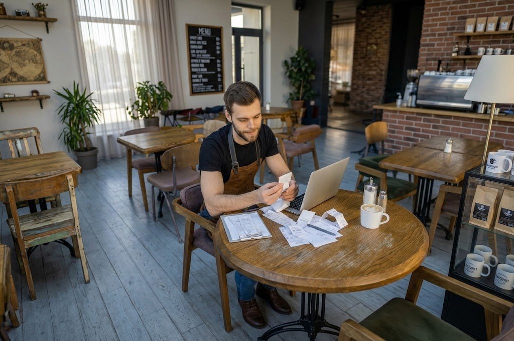 Small business owner reviewing the terms of merchant cash advances at a shop counter