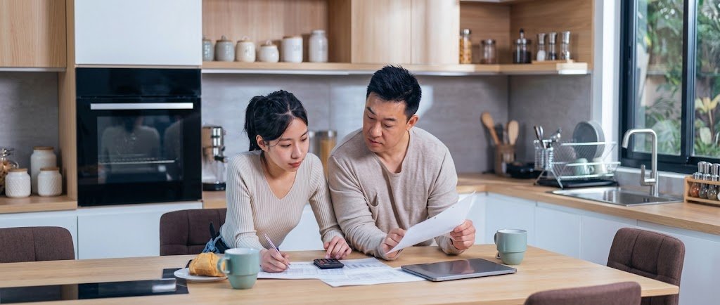 Homebuyers comparing interest-only loans payment options with a calculator and loan documents