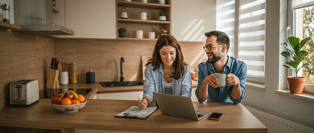 Couple discussing marriage and credit while reviewing shared finances at a kitchen table