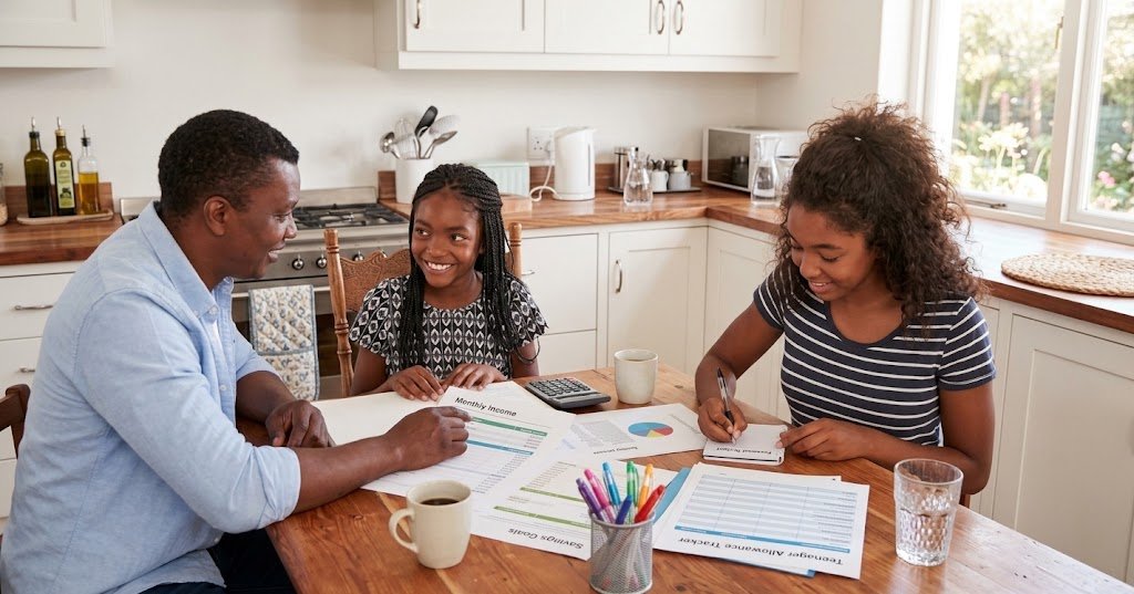 Teenager and parent reviewing a simple budget together to build financial literacy for teens