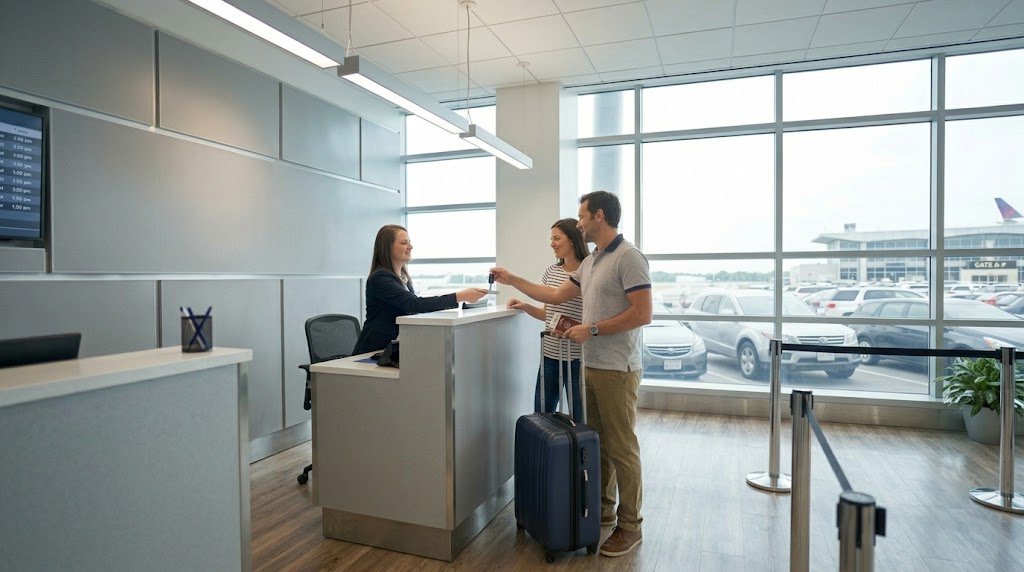 Traveler holding rental car keys and a credit card while reviewing rental car insurance options at a rental counter