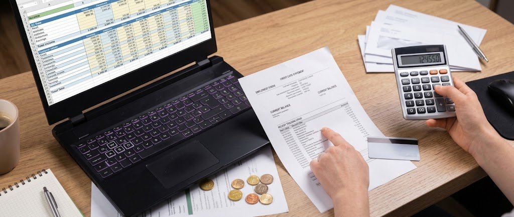 Calculator, credit card statements, and laptop budget spreadsheet used to compare a debt consolidation loan with credit counseling