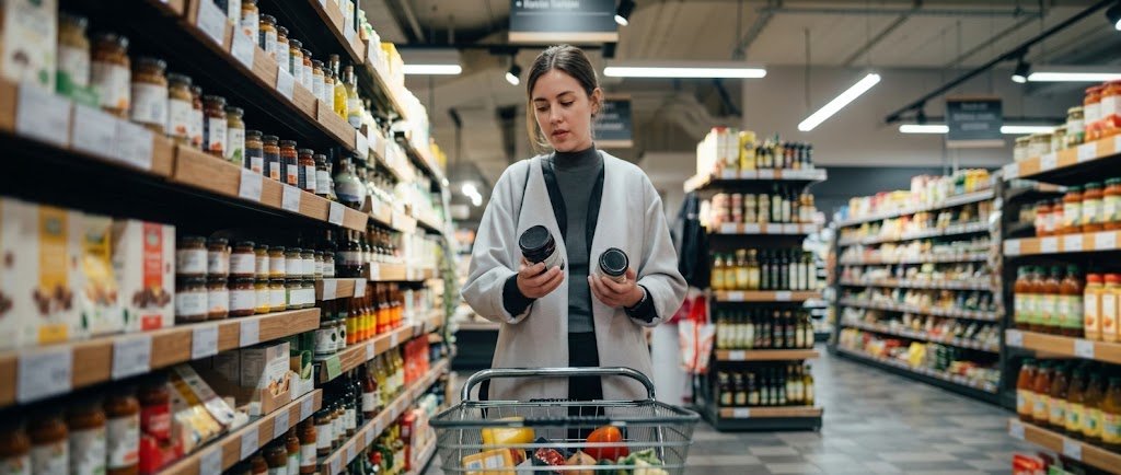 Shopper weighing buying used vs new by comparing prices on secondhand and new furniture