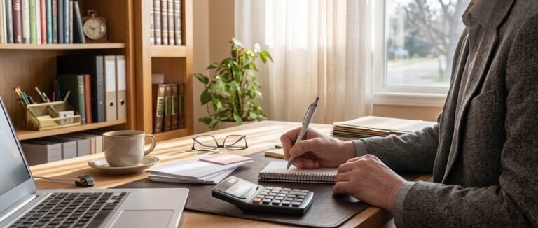 Person sitting at a desk with a notebook and laptop doing an annual financial checkup in January
