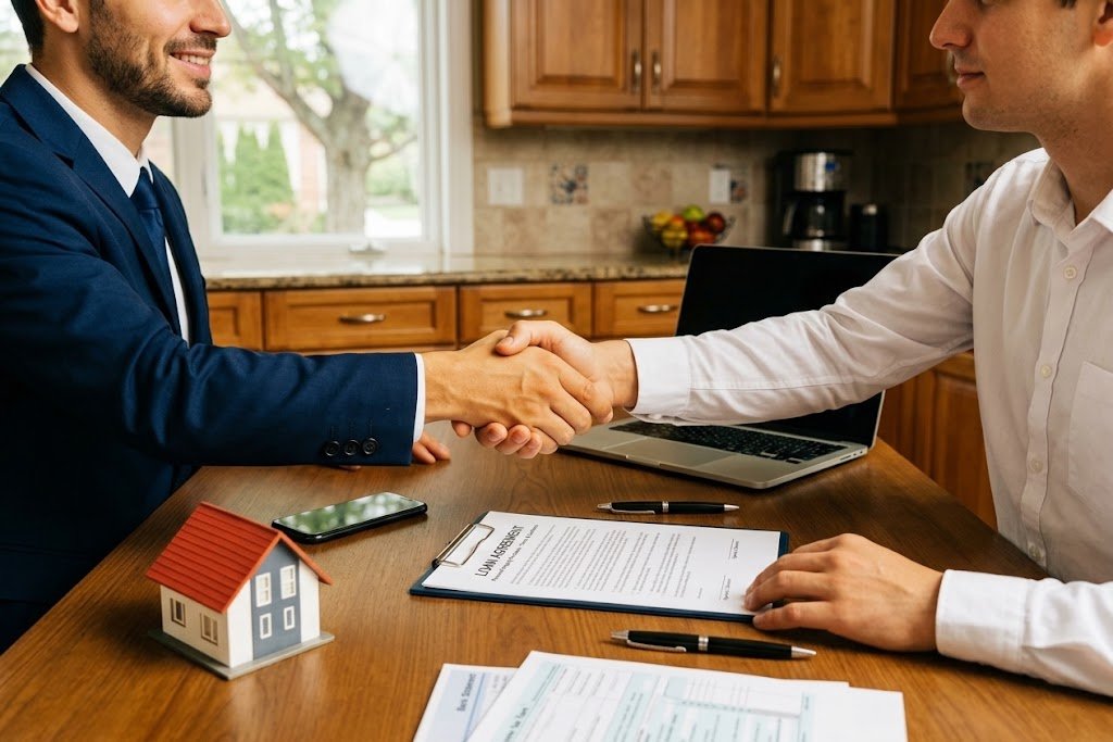 Two friends reviewing and signing a written loan agreement between friends at a kitchen table