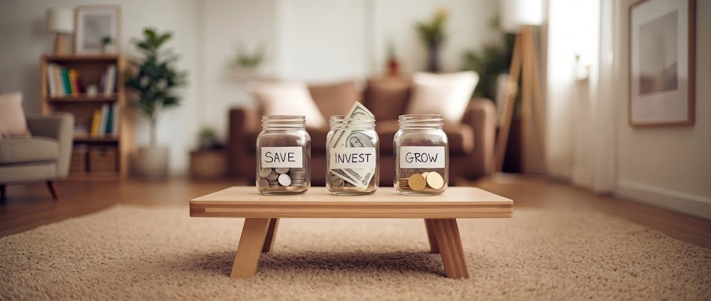 Three labeled jars illustrating the bucket strategy for short, medium and long-term savings