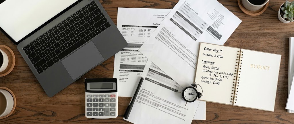 Calculator, clock, and notebook on a desk illustrating the time cost of money