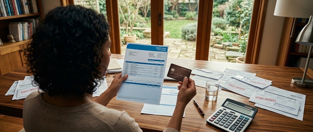 Person reviewing a credit card statement and calculator to understand their APR and interest charges