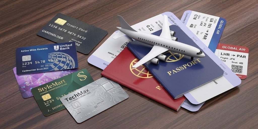 Airline and retail co-branded credit cards laid out next to a boarding pass and shopping bag