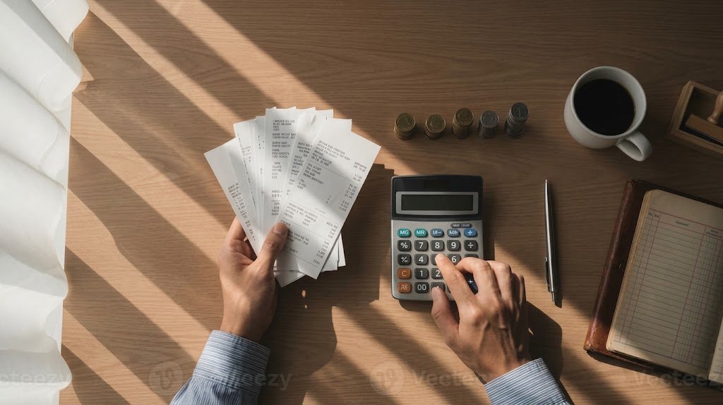 Person writing a values-based budgeting plan in a notebook with a calculator on a kitchen table