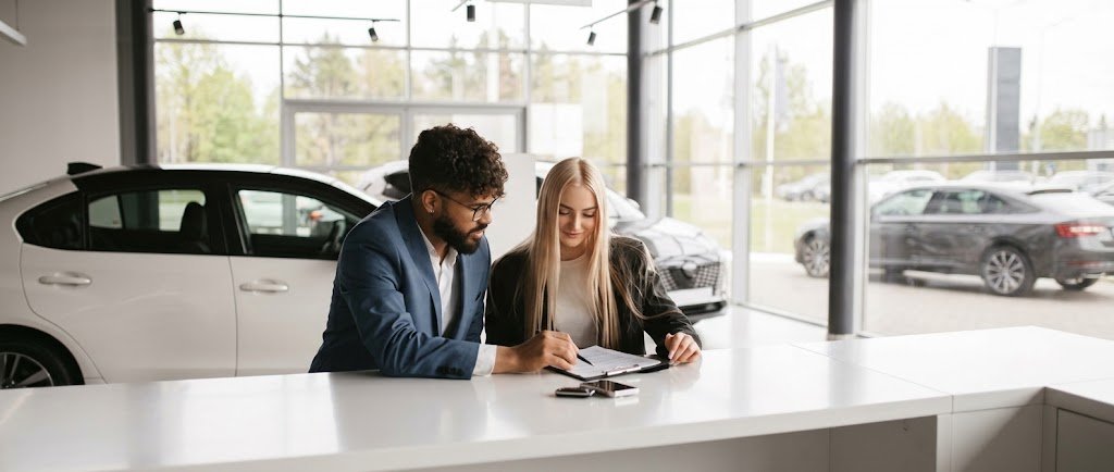 Buyer reviewing used car loan terms with a lender before signing