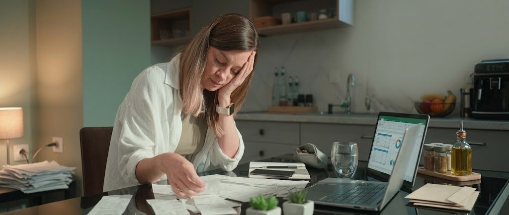 Woman reviewing her budget at a table as she works to recover financially after divorce