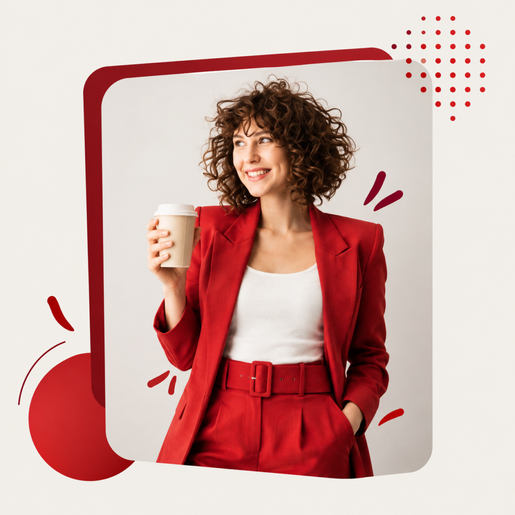 Smiling woman in red suit with a cup of coffee
