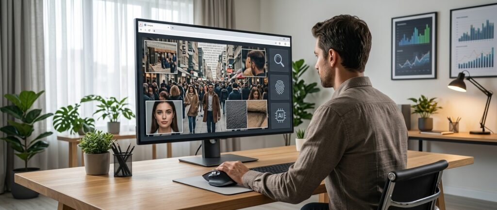Person checking an online image to spot AI-generated content