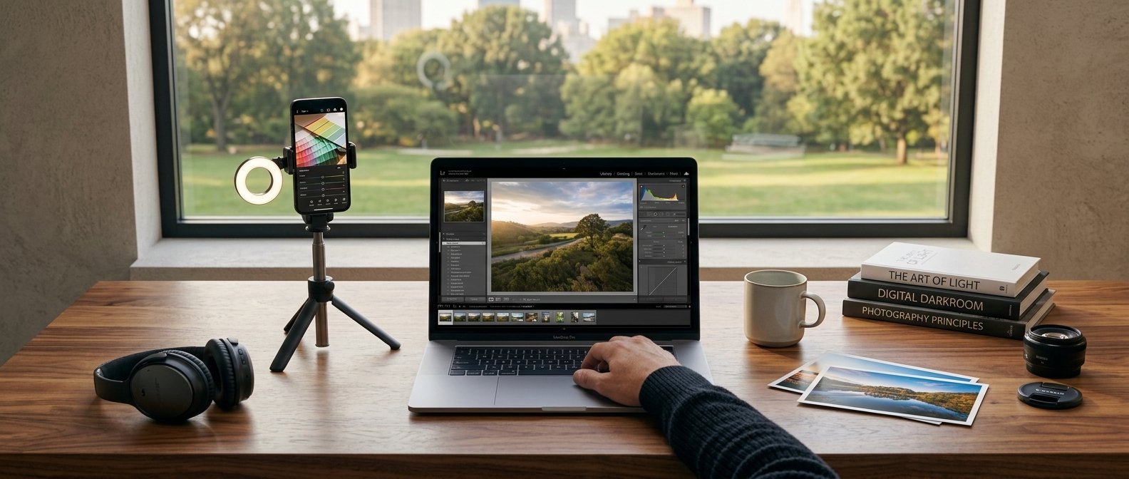 Creator using free photo editing websites and apps on a laptop and smartphone