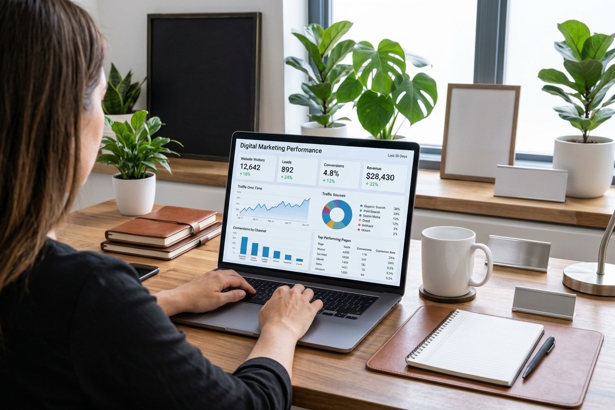 free ad tools and campaign analytics on a laptop