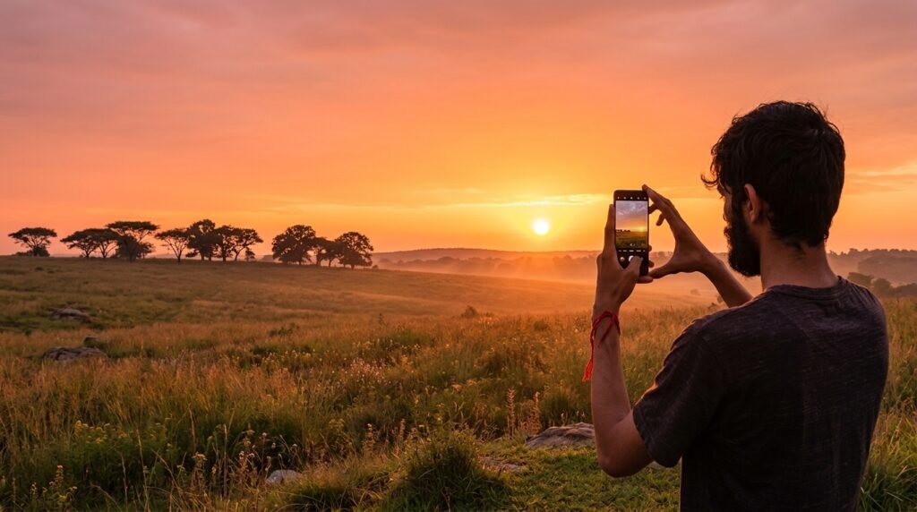 Person using mobile photography tips to take a photo with a smartphone at sunset
