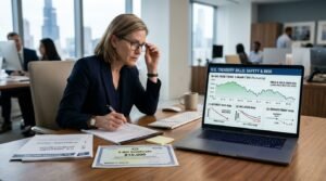 A photorealistic financial investment scene illustrating the safety and risks of U.S. Treasury bills. Show a professional investor at a modern desk reviewing short-term Treasury bills and government securities on a laptop, with realistic U.S. Treasury documents and financial charts nearby. The laptop screen subtly shows three risk concepts: changing interest rates affecting bond prices, inflation reducing purchasing power, and a maturity date leading to reinvestment at a potentially different yield. Include a secure government-finance visual atmosphere, but also show subtle downward and fluctuating chart movements to communicate that Treasury bills are lower risk rather than risk-free. Natural office lighting, realistic textures, sophisticated financial editorial photography, clean composition, no logos, no excessive text, highly detailed, professional and trustworthy appearance.