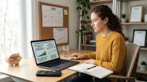 A photorealistic beginner investing scene showing a person at a modern desk comparing an index mutual fund and an index ETF side by side on a laptop. The screen displays two simple investment paths: a traditional mutual fund with regular scheduled contributions and an ETF shown trading during market hours with flexible buy and sell options. Include realistic financial notes, a calculator, diversified investment charts, and a separate savings section labeled for unexpected expenses, visually emphasizing that investment choice depends on goals, flexibility, fees, time horizon, and risk tolerance. Add subtle retirement planning elements such as a calendar and long-term savings graph in the background. Clean modern home-office setting, natural daylight, realistic financial interface, professional editorial photography, balanced composition, no brand logos, minimal text, highly detailed and authentic.