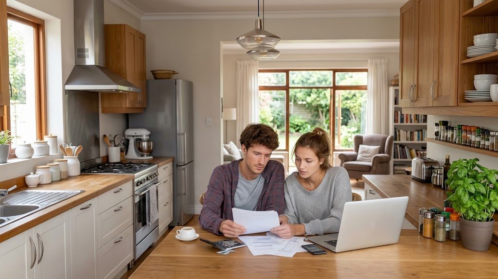 Homebuyers reviewing paperwork for bridge loans while moving between two homes
