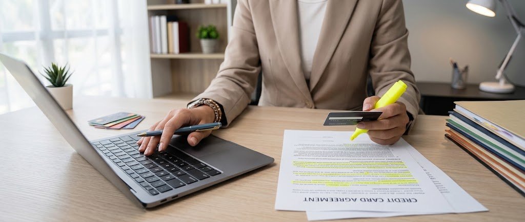 Person highlighting fine print in credit card terms while reading a cardholder agreement
