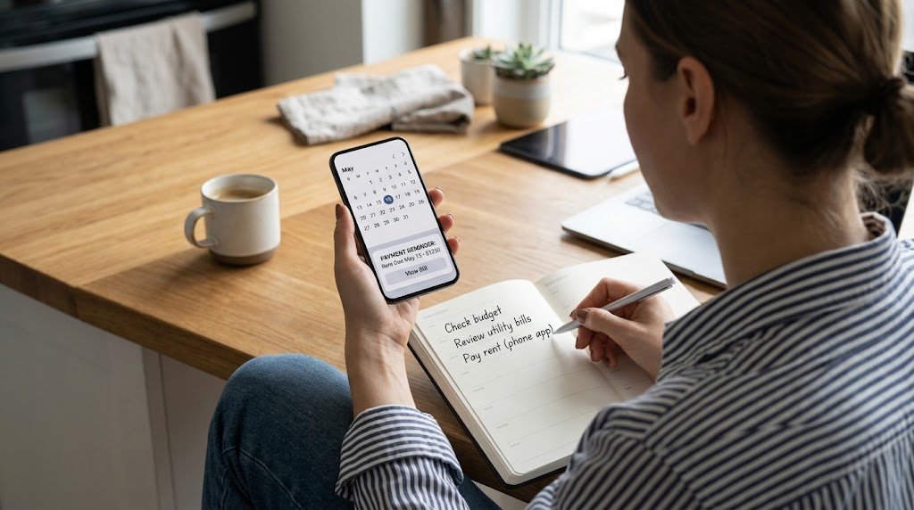Calendar and phone showing paydays lined up with a credit card due date