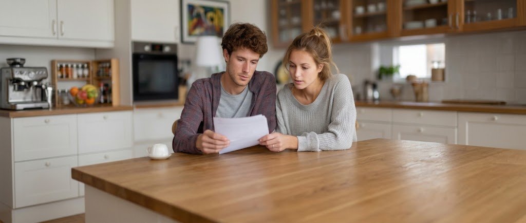 Engaged couple reviewing their wedding budget planning checklist at a kitchen table