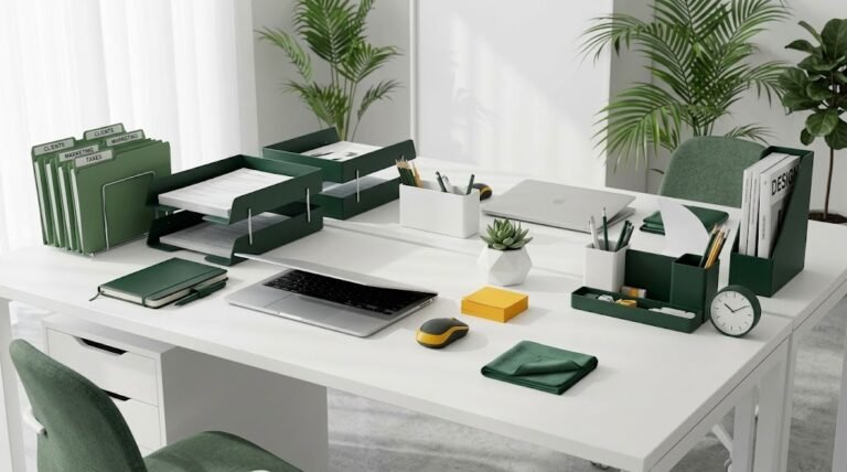 Organized desk with laptop and labeled folders during a financial declutter of accounts and paperwork