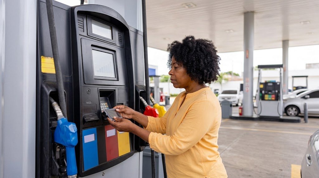 Cardholder checking a gas pump card reader for signs of a credit card skimming device
