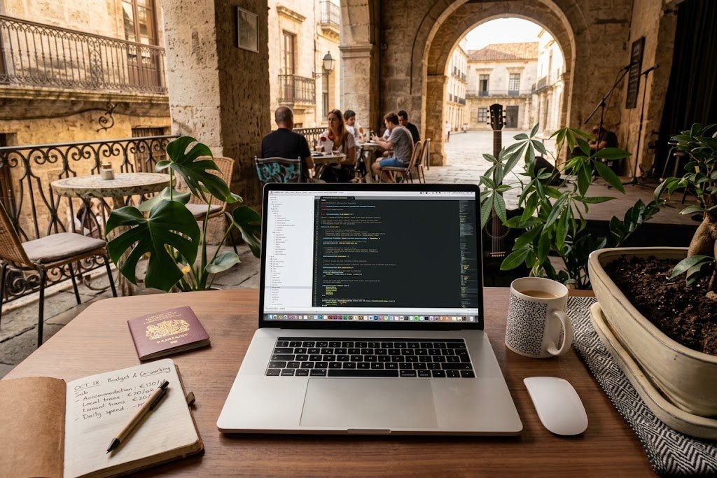 Digital nomad finances: freelancer reviewing budget and taxes on a laptop at an overseas café