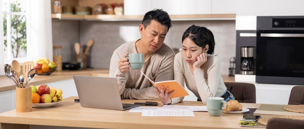 Couple reviewing household cash flow and monthly bills at a kitchen table
