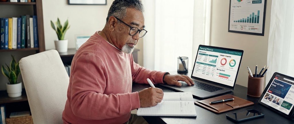 Multi-account system showing separate bank accounts for bills, savings and fun money on a laptop screen