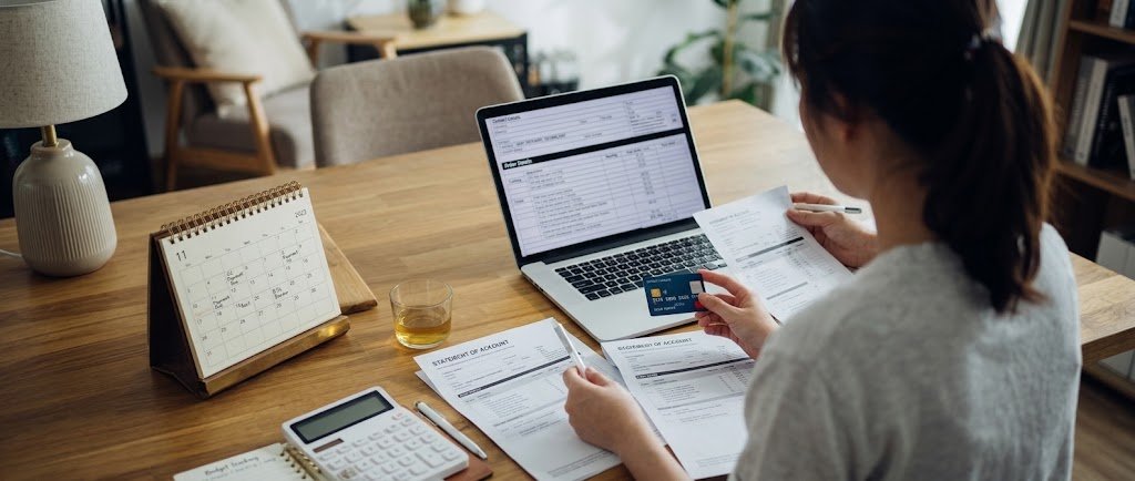 Person reviewing a credit card statement and due date calendar to keep the interest-free period