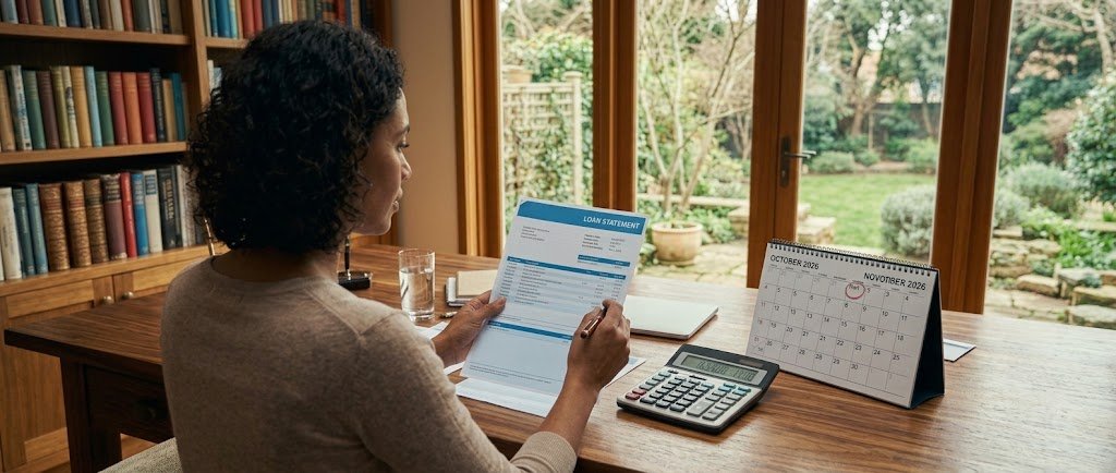 Person reviewing a loan statement with a calculator and calendar to understand interest during a payment pause