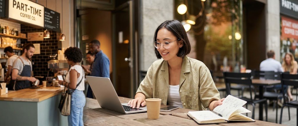 Part-time worker planning finances at a café as part of a Barista FIRE strategy